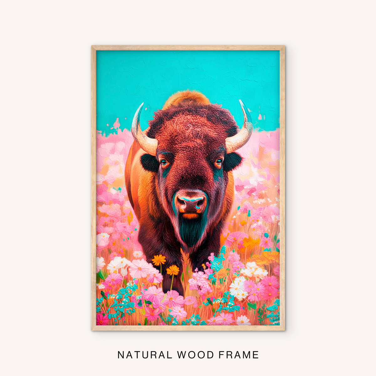 Ranch wildlife wall art in a natural wood frame with a colorful buffalo portrait, bright wildflower field, turquoise sky, and western animal style.
