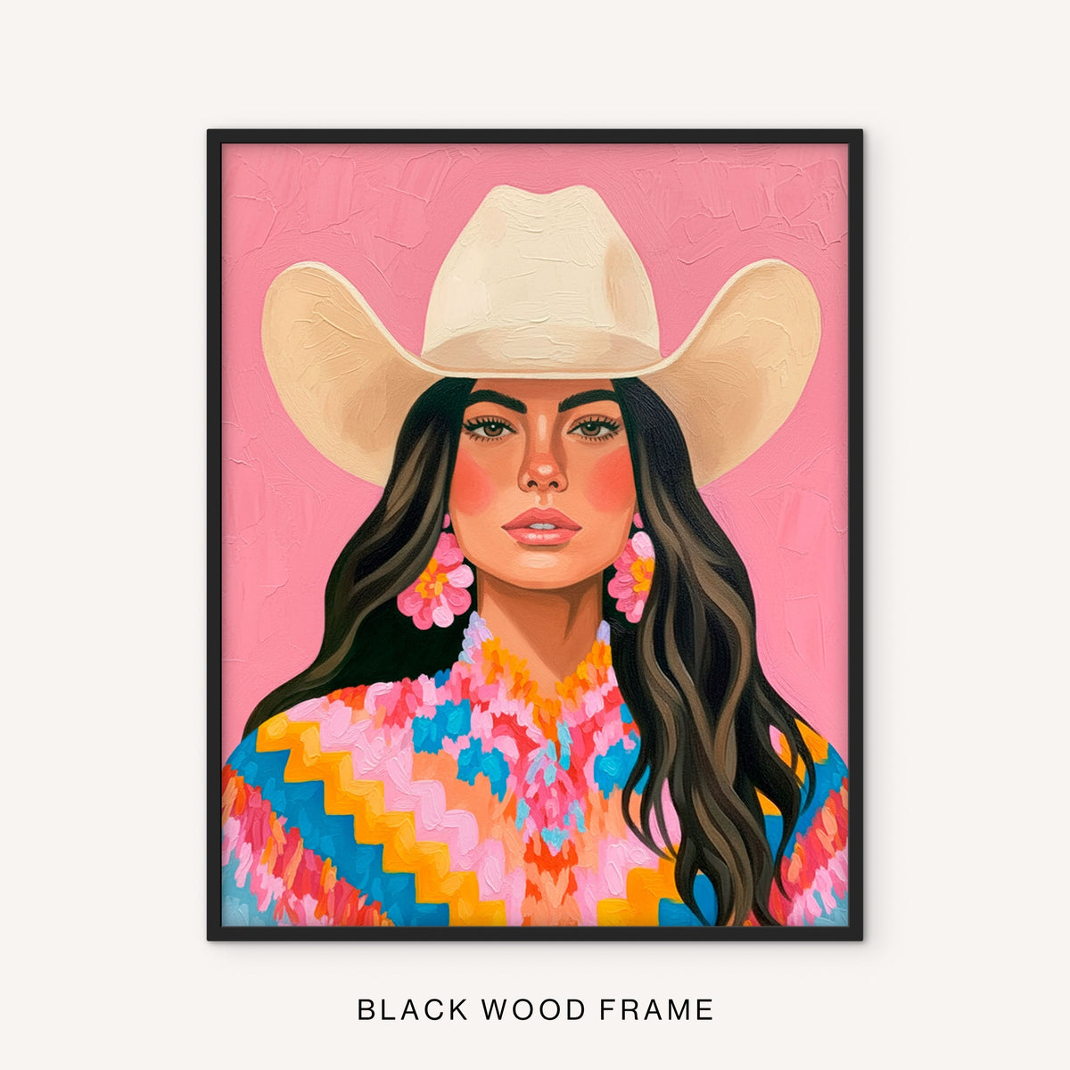 Retro cowgirl portrait with a vibrant pink background and floral clothing, presented in a black frame against white.