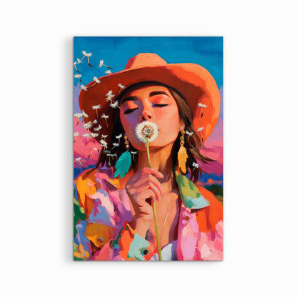 Cowgirl blowing dandelion seeds printed on canvas, vibrant western wall art on clean white background