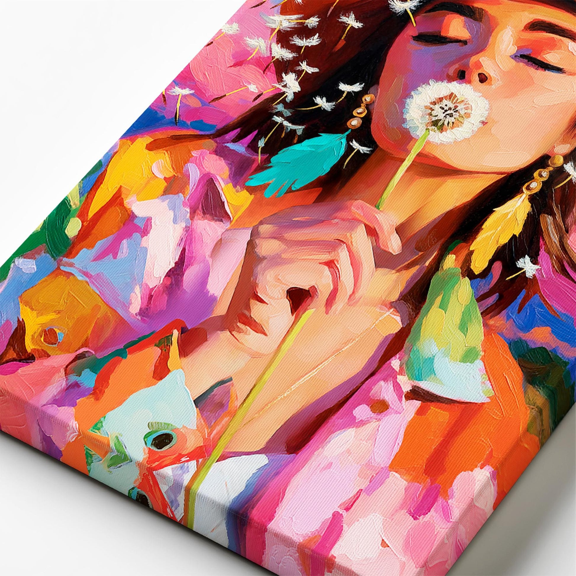 Close-up of textured canvas showing colorful brushstrokes in cowgirl dandelion western painting