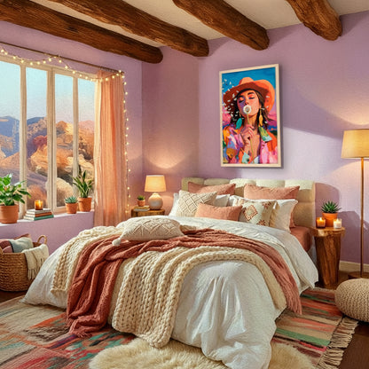 Cowgirl blowing dandelion art print displayed in cozy boho bedroom with purple walls and layered textiles