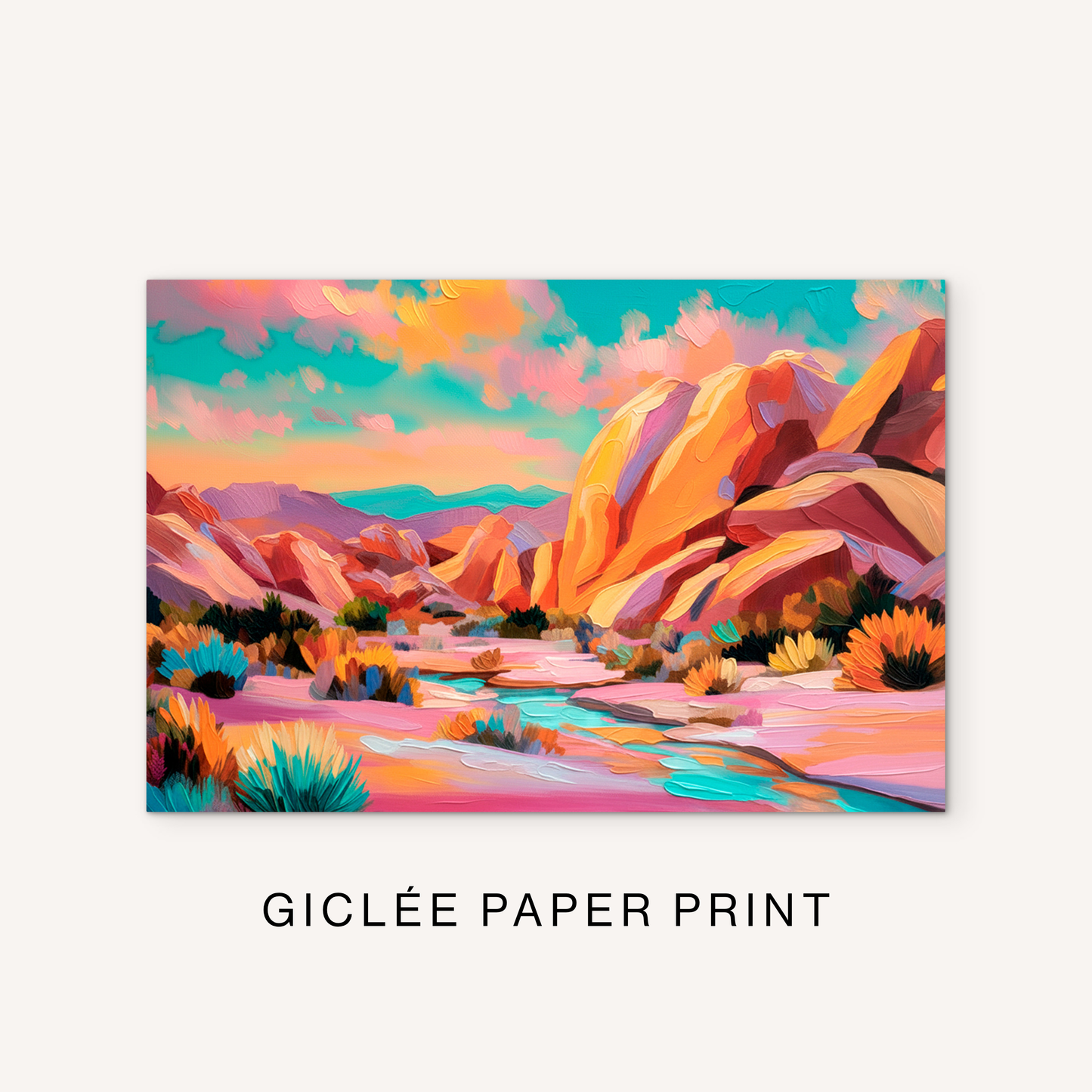 Southwest canyon giclée print featuring colorful desert mountains, bright pink and orange landscape, turquoise water, and western desert plants.