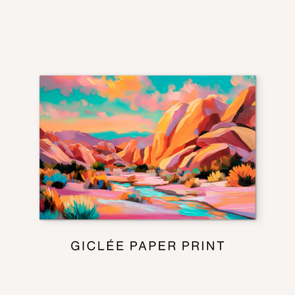 Southwest canyon giclée print featuring colorful desert mountains, bright pink and orange landscape, turquoise water, and western desert plants.