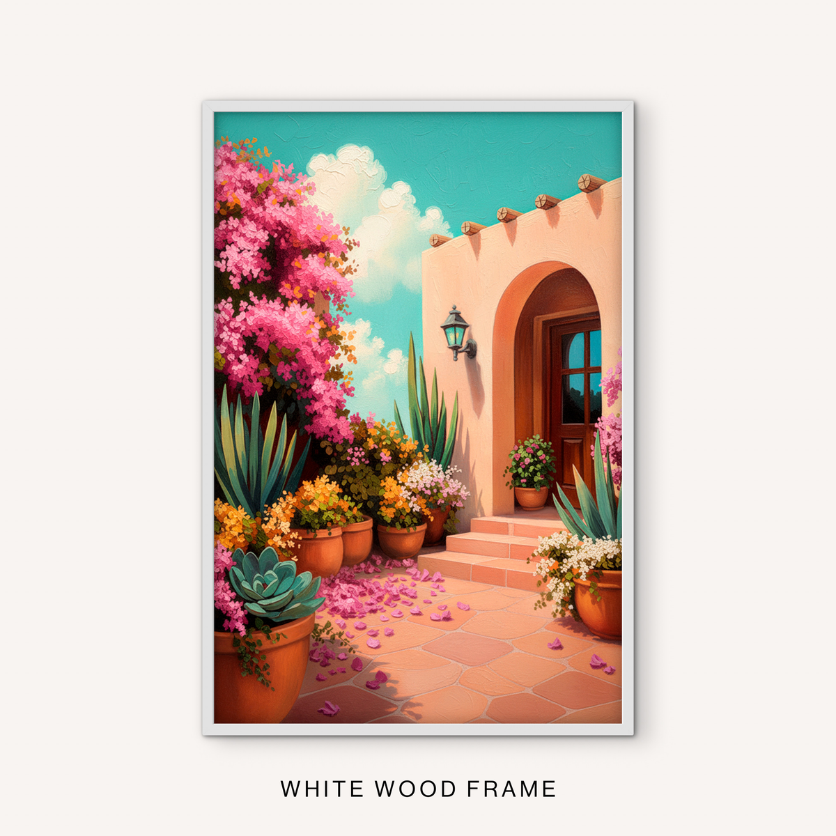Southwestern adobe house art print in a white frame with colorful pink bougainvillea and desert plants