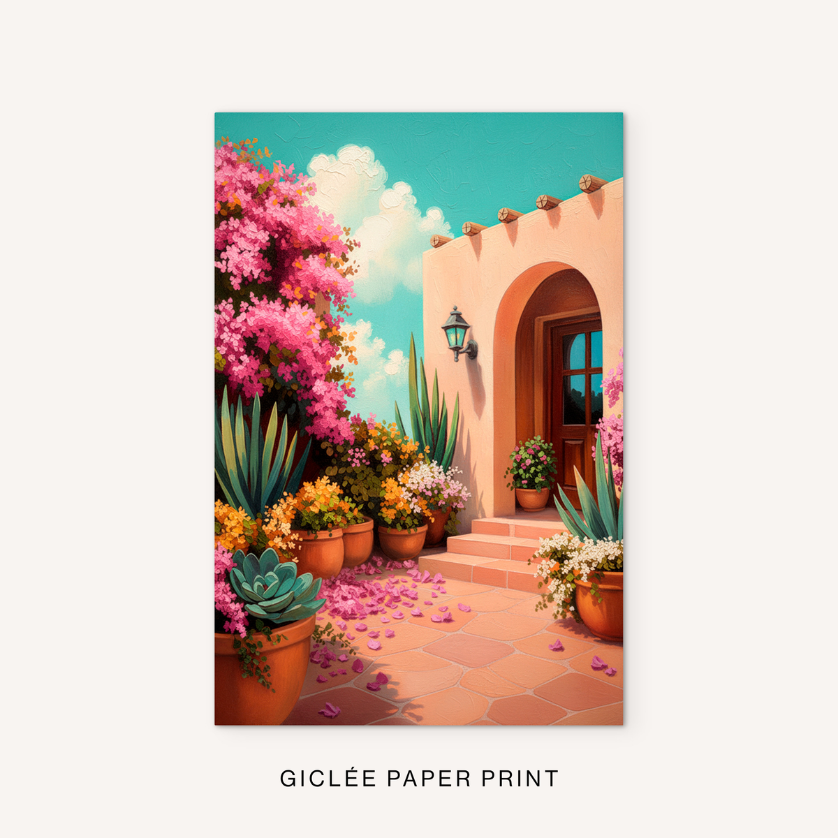 Southwestern adobe house giclée art print featuring pink bougainvillea and a colorful desert garden