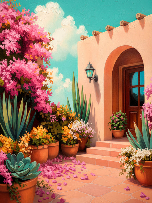 Colorful Southwestern adobe house wall art with pink bougainvillea, succulents, terracotta pots, and turquoise sky
