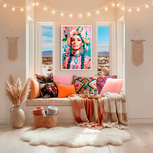 southwestern boho wall art colorful western portrait print styled living room decor turquoise pink artwork