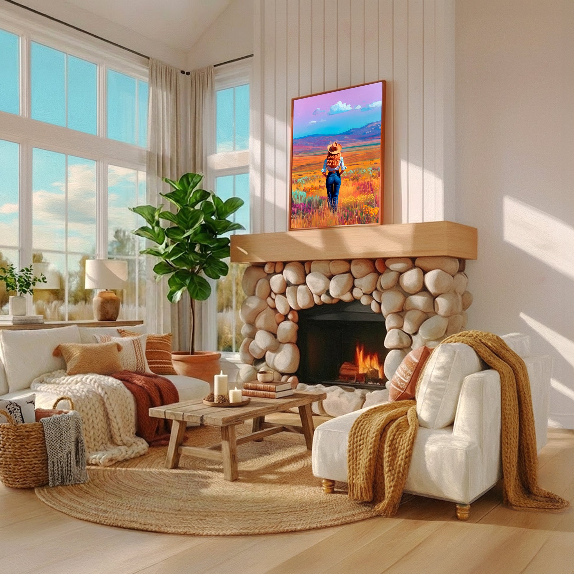 Southwestern cowgirl landscape art print displayed above a rustic stone fireplace in a bright cozy western-inspired living room.