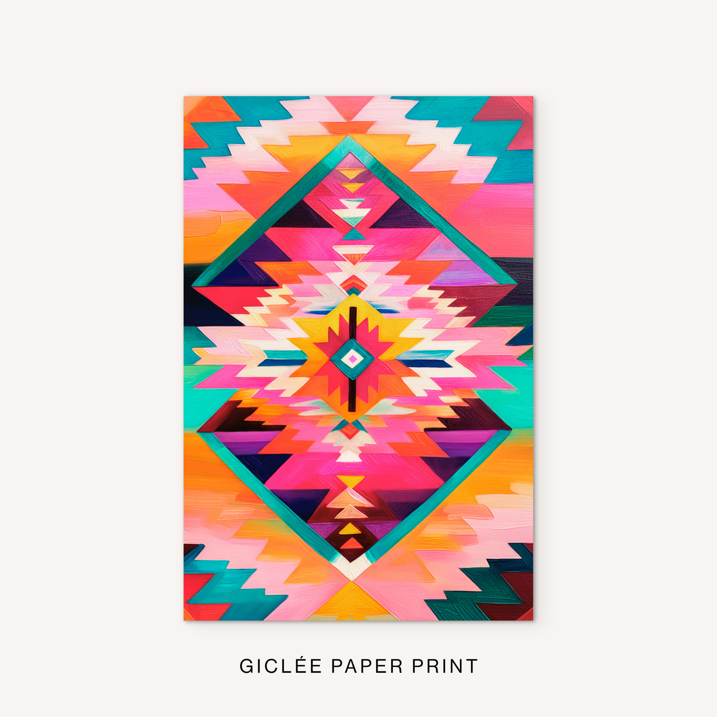 Southwestern geometric giclée print featuring bright boho western colors, layered diamond shapes, and bold desert-inspired pattern artwork.