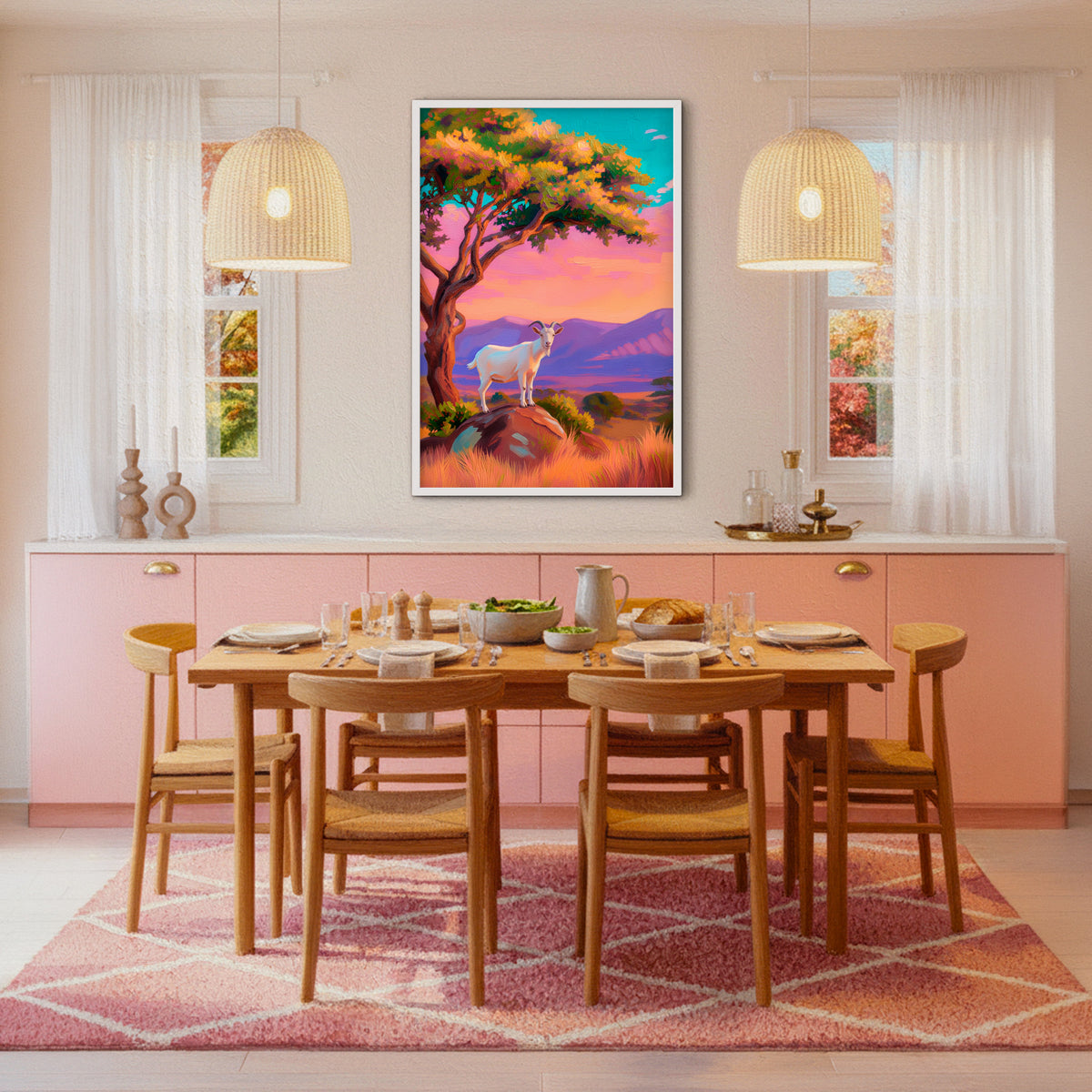 Southwestern goat wall art displayed in a colorful dining room with pink cabinetry, woven pendant lights and warm wood furniture