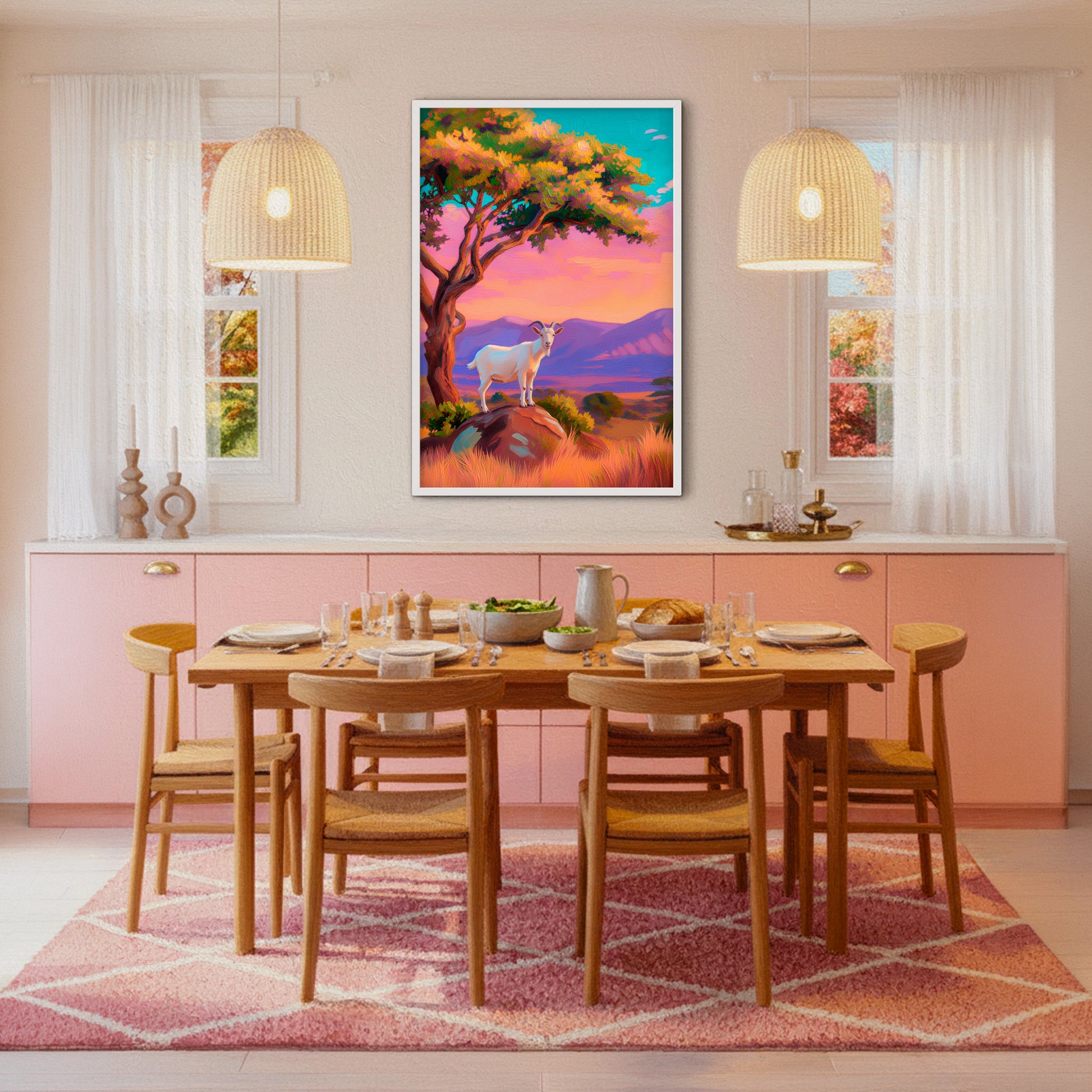 Southwestern goat wall art displayed in a colorful dining room with pink cabinetry, woven pendant lights and warm wood furniture