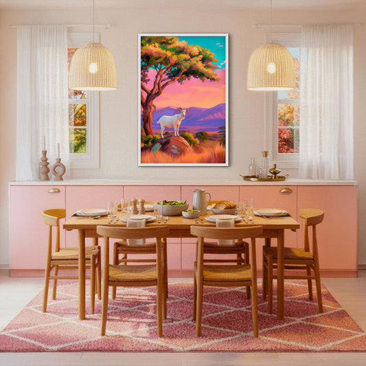 Southwestern goat wall art displayed in a colorful dining room with pink cabinetry, woven pendant lights and warm wood furniture