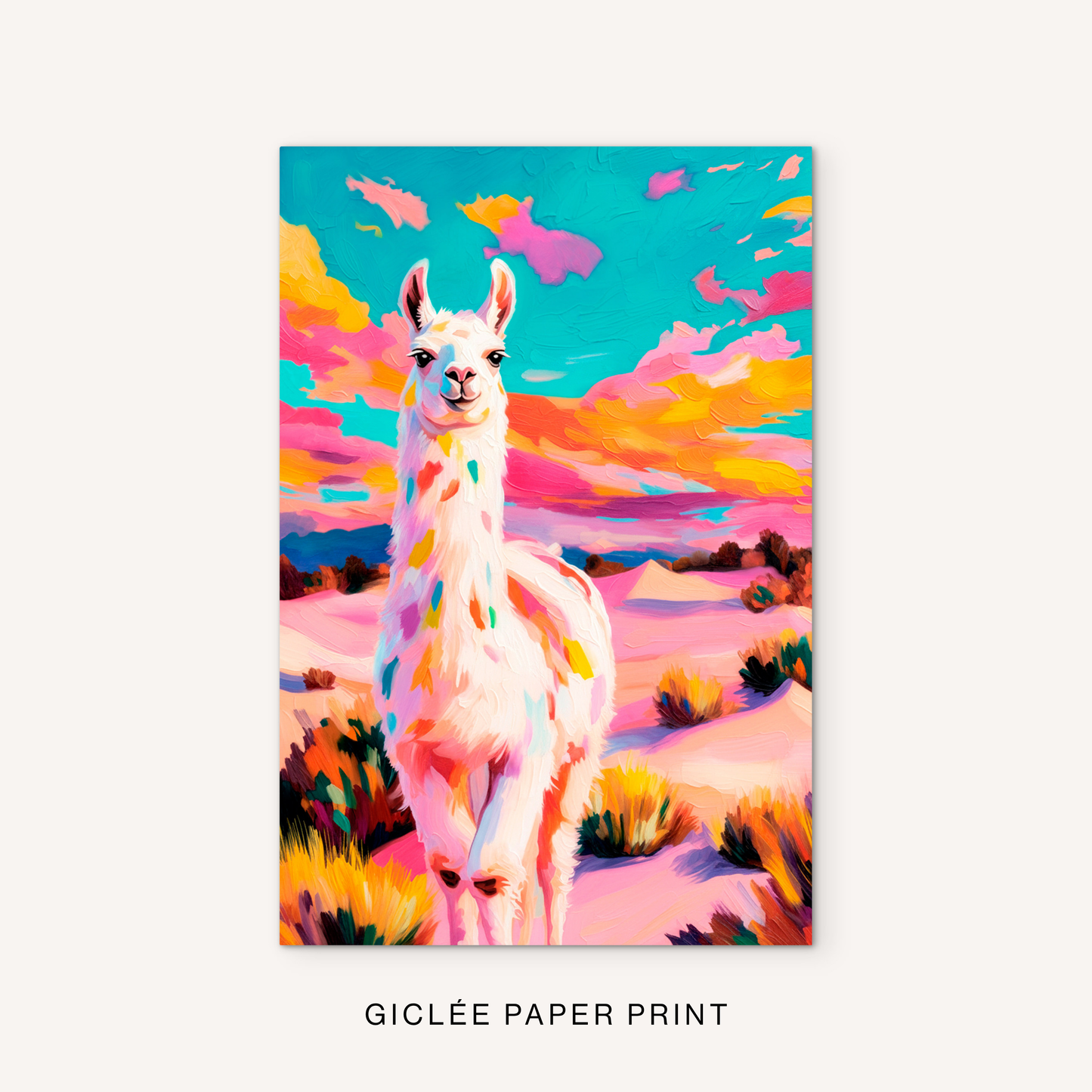 Southwestern llama giclée print featuring a colorful desert animal, bright pink landscape, turquoise sky, and bold western scenery.