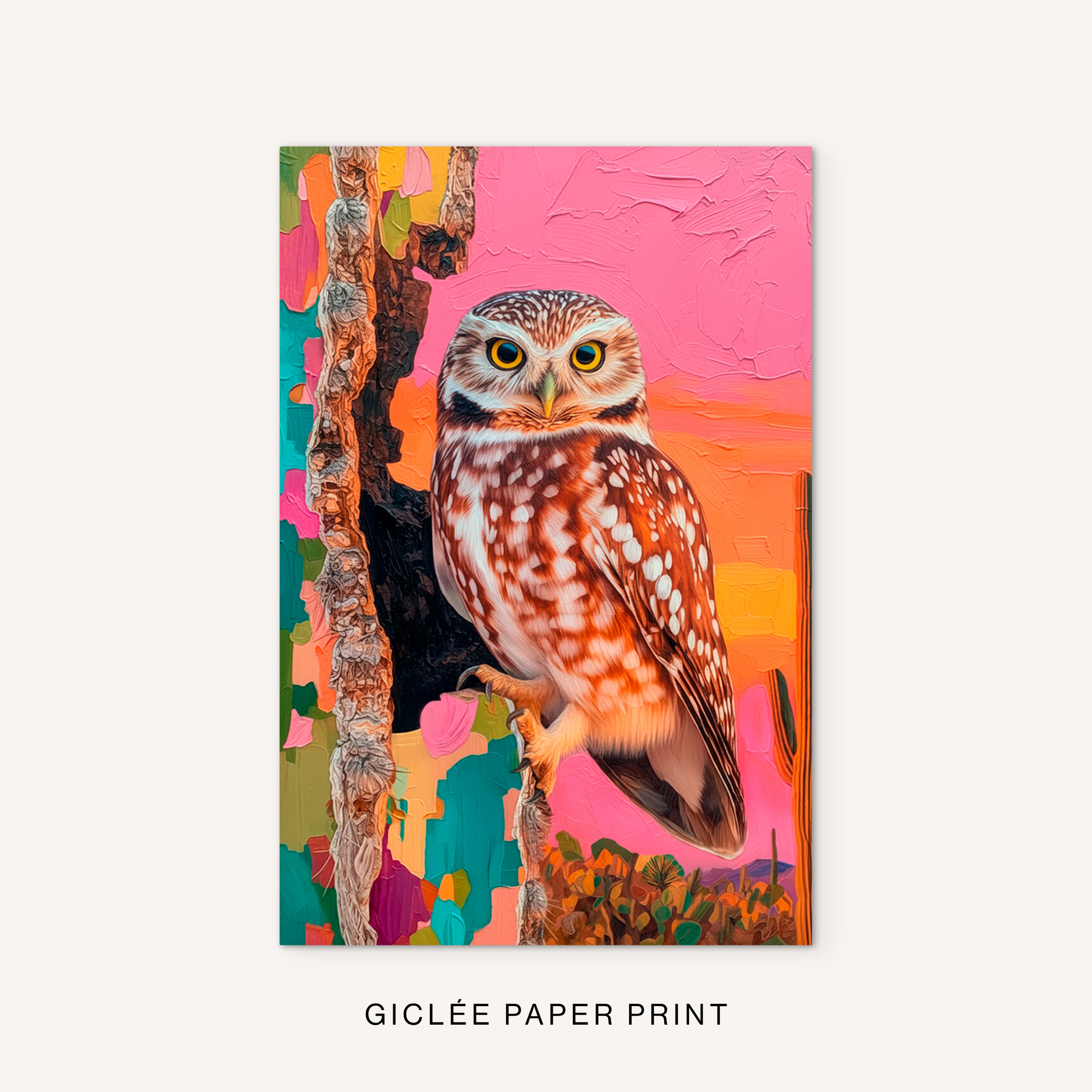 Southwestern owl giclée print featuring a colorful desert bird, bold pink and turquoise background, cactus landscape, and western wildlife details.