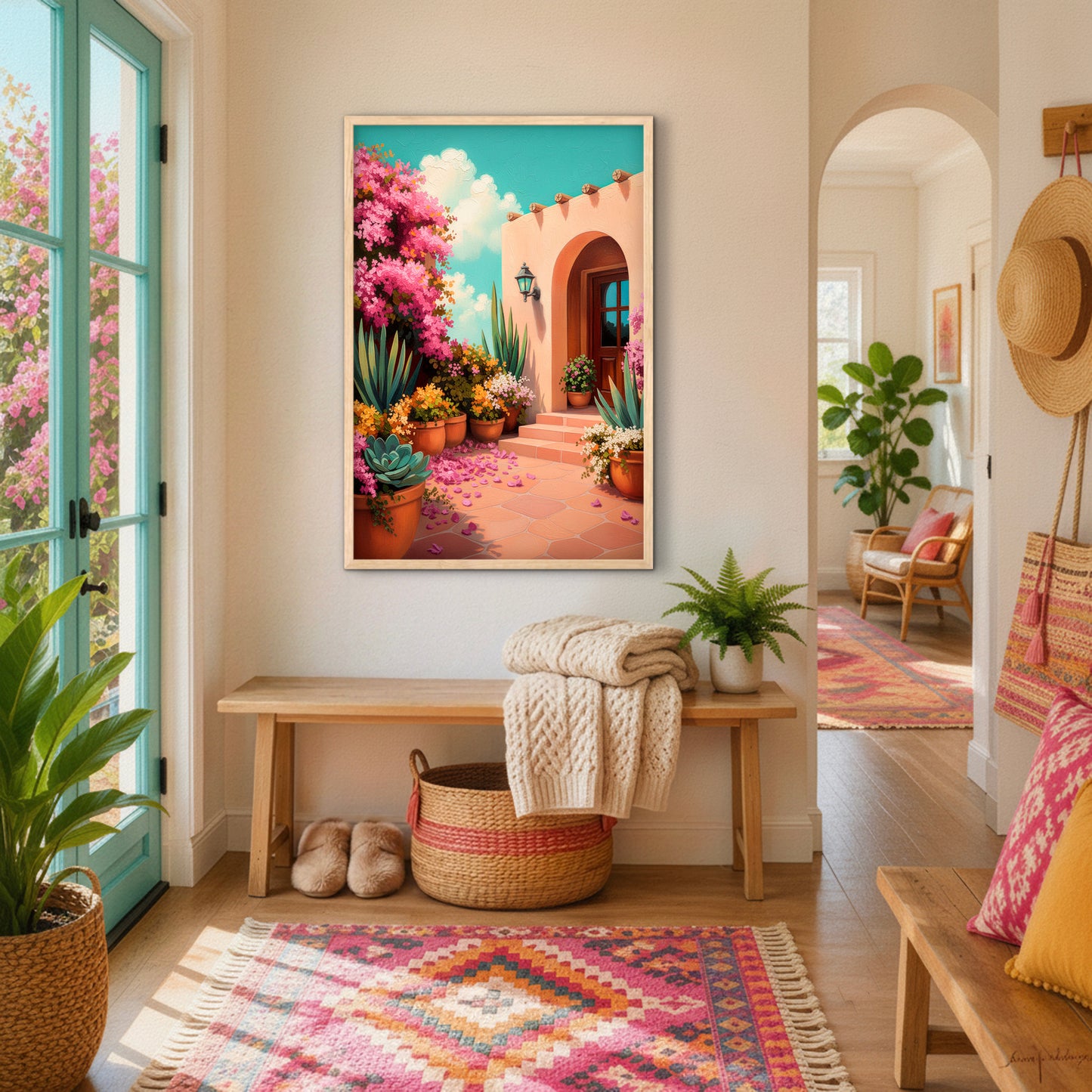 Southwestern adobe house art print styled in a colorful boho entryway with turquoise door and woven decor