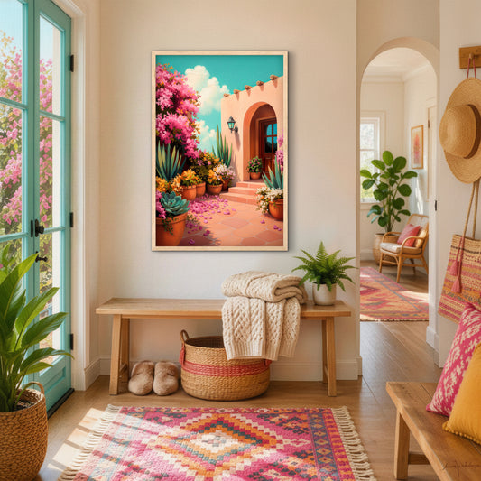 Southwestern adobe house art print styled in a colorful boho entryway with turquoise door and woven decor