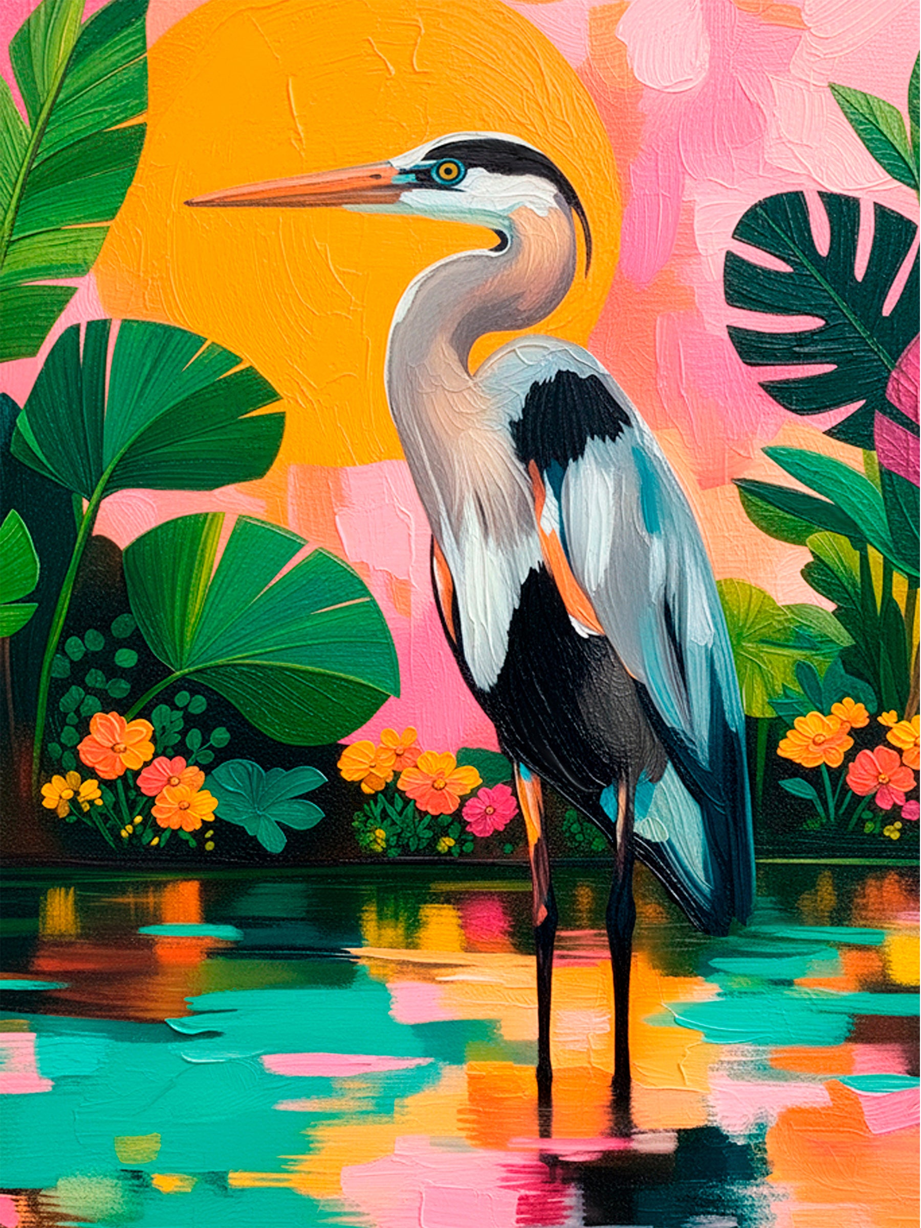 Colorful blue heron wall art with tropical leaves, bright flowers and reflective water