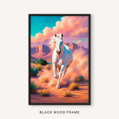 Modern western wall art in a black frame with a powerful white horse, red rock mesas, and a vibrant painted sky