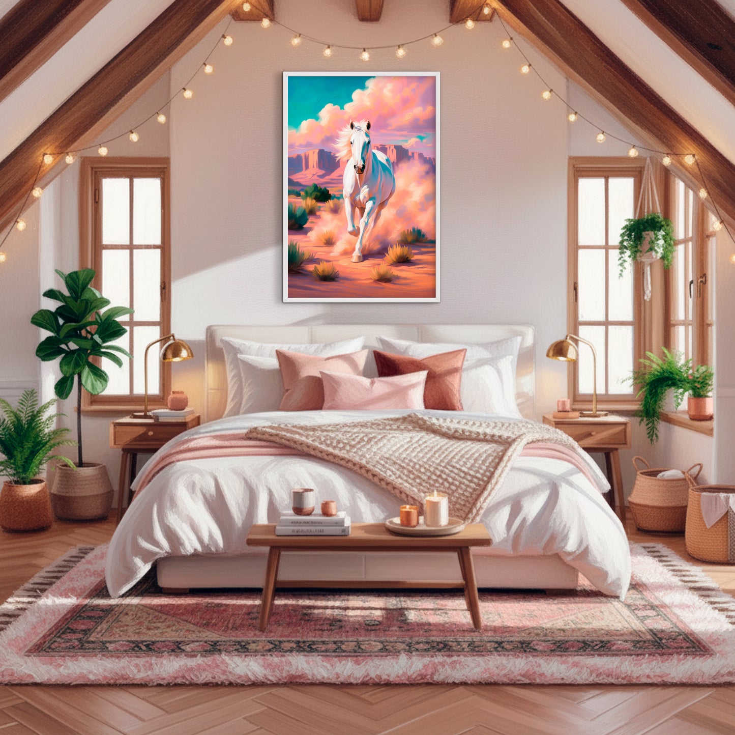 Vibrant equestrian wall art styled above a bed in a feminine boho western bedroom with pink textiles and warm wood accents