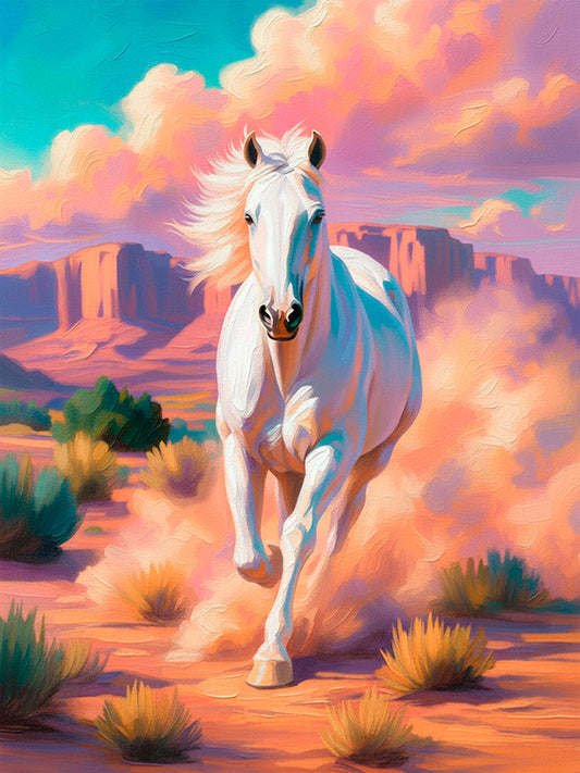The Rush colorful white horse wall art featuring a running horse, glowing desert mesas, and a vivid turquoise, pink, and coral sky
