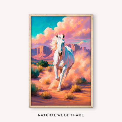 Southwestern horse artwork in a natural wood frame featuring a white horse charging across a glowing desert