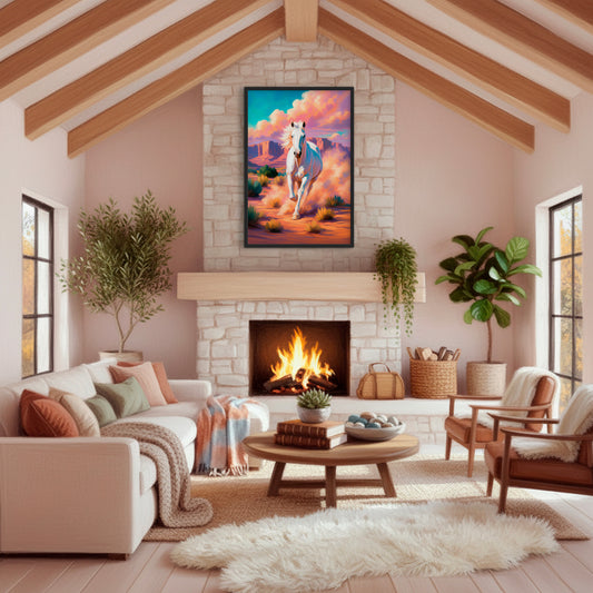 Colorful western horse art displayed above a stone fireplace in a bright blush living room with natural wood beams