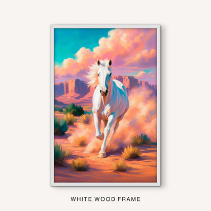Colorful equestrian art in a white frame featuring a spirited horse running through a bright Southwestern landscape