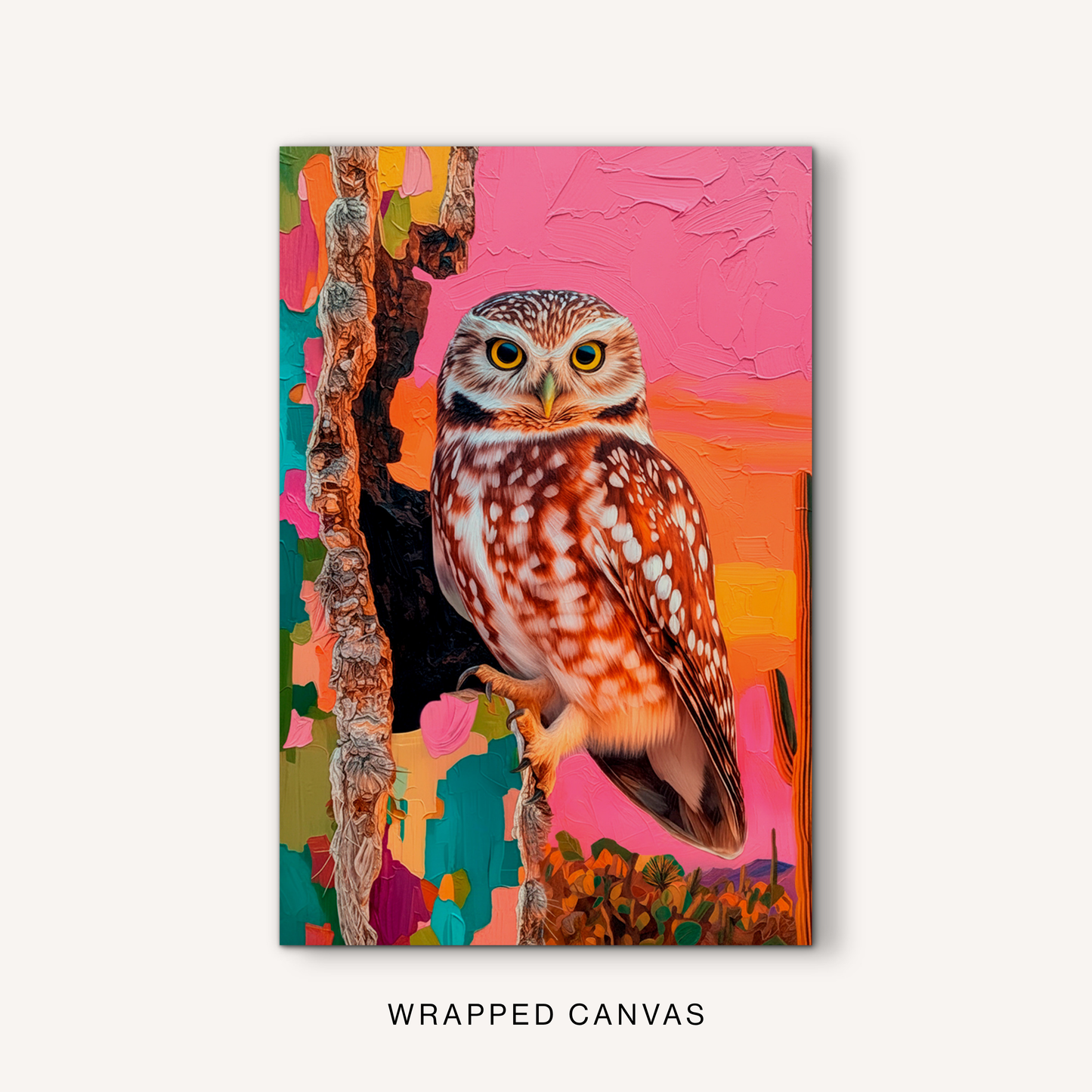 Colorful owl canvas wall art featuring a detailed owl painting with vibrant southwestern colors and rich artistic texture.
