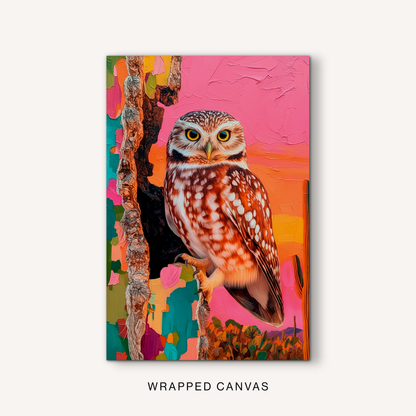 Colorful owl canvas wall art featuring a detailed owl painting with vibrant southwestern colors and rich artistic texture.