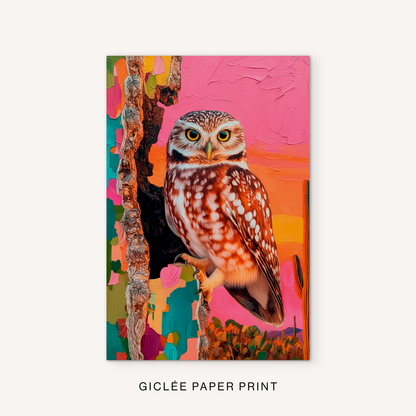 Colorful owl giclée print featuring a vibrant owl portrait with bold southwestern colors and expressive painterly texture.