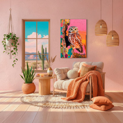 Colorful owl wall art displayed in a pink boho interior featuring vibrant southwestern colors, wildlife artwork, and modern desert-inspired decor.