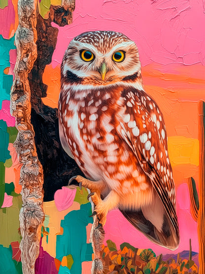 Colorful owl wall art featuring a detailed owl portrait against a vibrant southwestern desert-inspired background with bold pink, turquoise, orange, and golden tones.