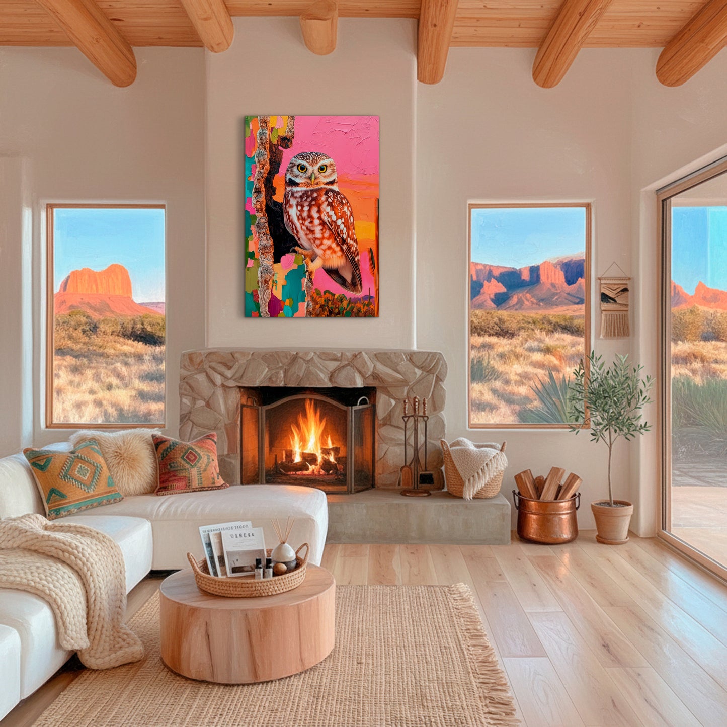 Colorful owl wall art displayed above a fireplace in a southwestern living room featuring vibrant wildlife artwork and desert-inspired decor.