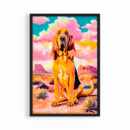 Black framed western wall art featuring a colorful bloodhound dog portrait with character and humor.