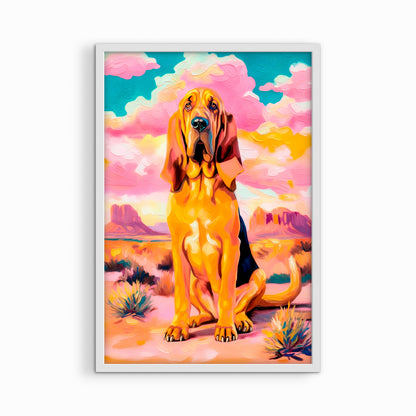 White framed western wall art featuring a bloodhound dog portrait with warm desert tones.