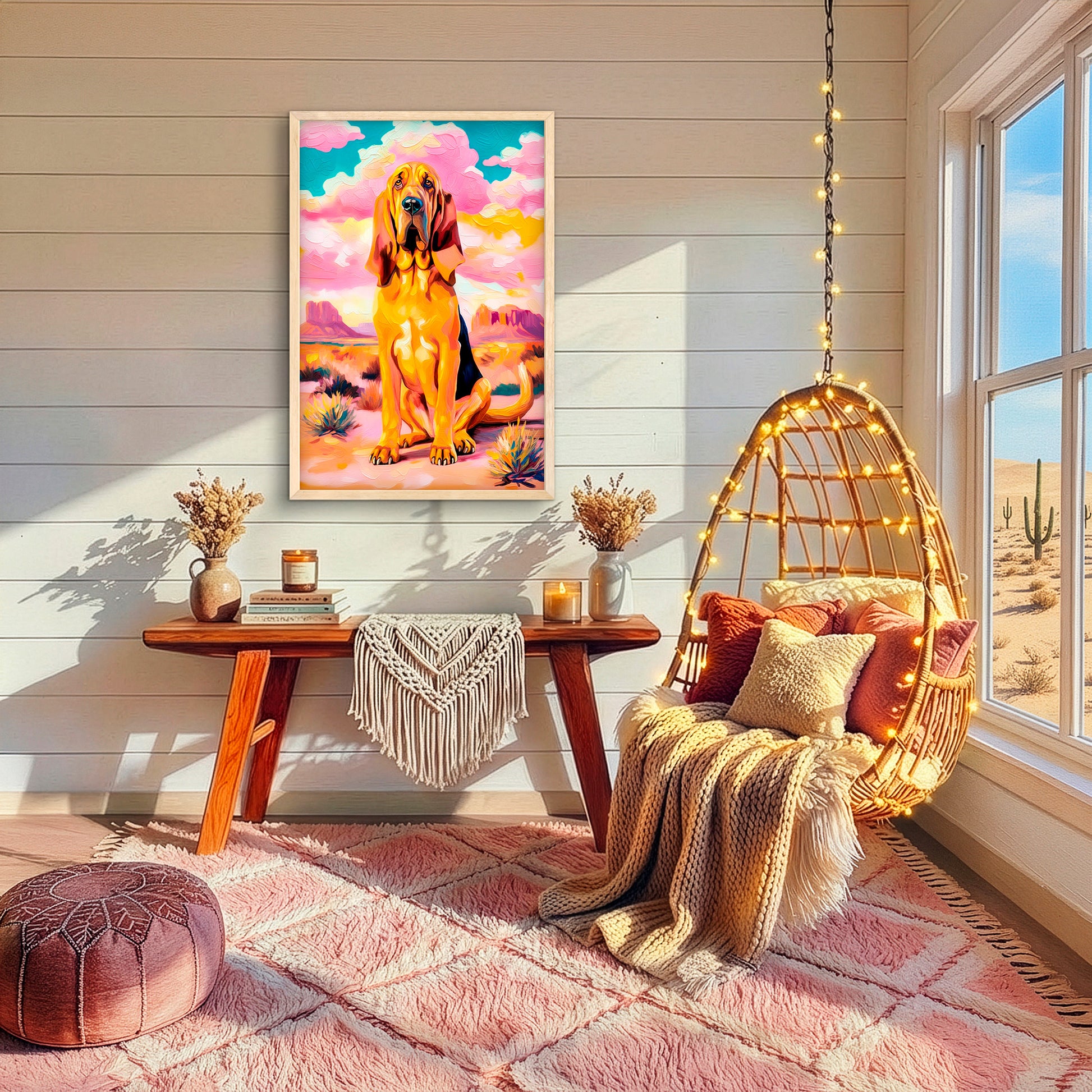 Western bloodhound dog art print styled in a ranch-style home with natural textures and desert warmth.