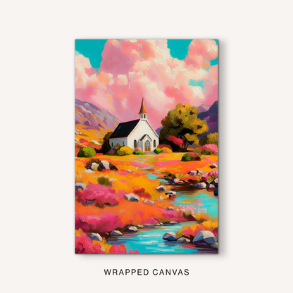 Colorful church landscape canvas wall art featuring a white chapel, flowing water, mountain views, and vibrant countryside scenery.
