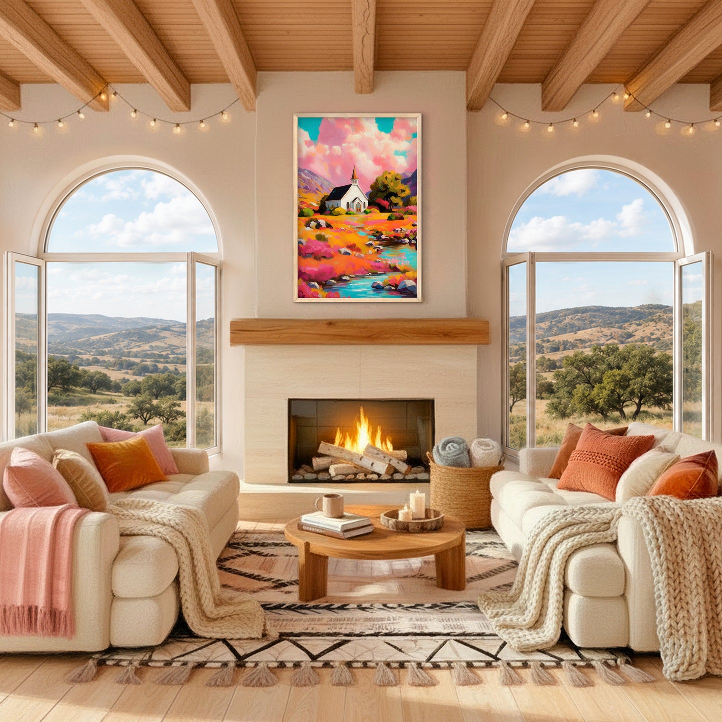 Colorful church landscape artwork displayed above a fireplace in a bright living room, featuring a white chapel, wildflowers, and a flowing stream.