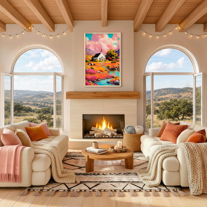 Colorful church landscape artwork displayed above a fireplace in a bright living room, featuring a white chapel, wildflowers, and a flowing stream.