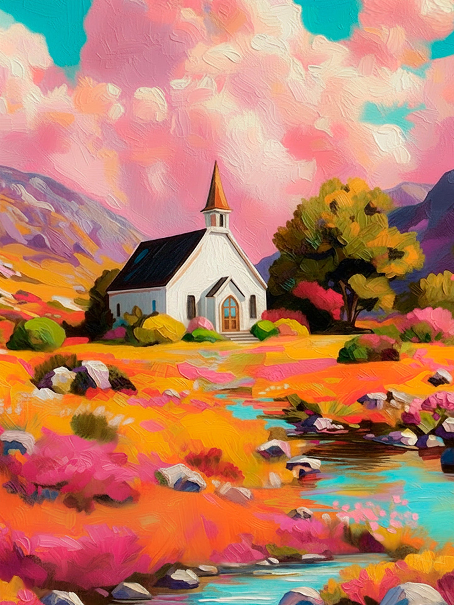 Colorful church landscape wall art featuring a white chapel, pink clouds, mountain views, wildflower meadow, and flowing stream.