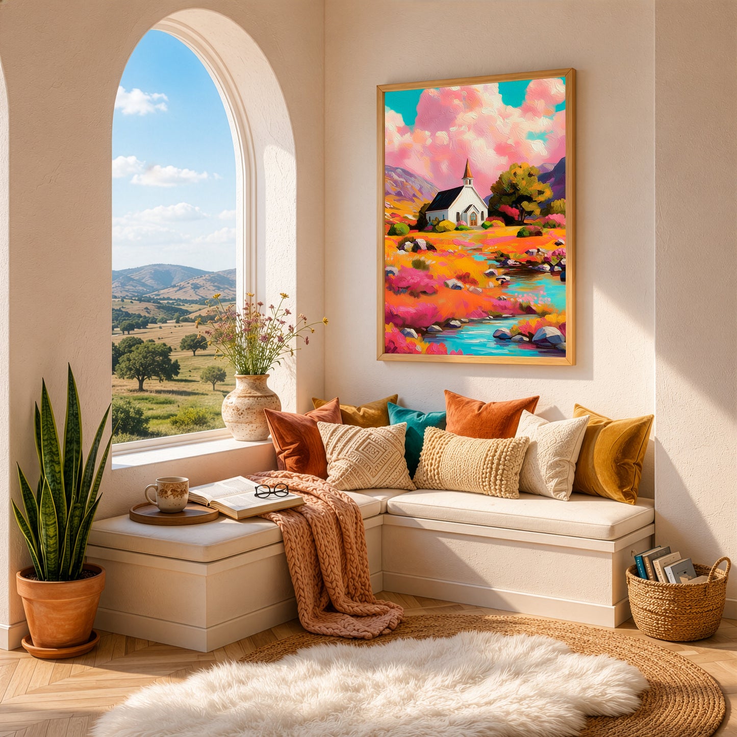Colorful chapel wall art displayed in a cozy reading nook, featuring a white church, vibrant wildflowers, mountain scenery, and flowing water.