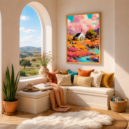Colorful chapel wall art displayed in a cozy reading nook, featuring a white church, vibrant wildflowers, mountain scenery, and flowing water.