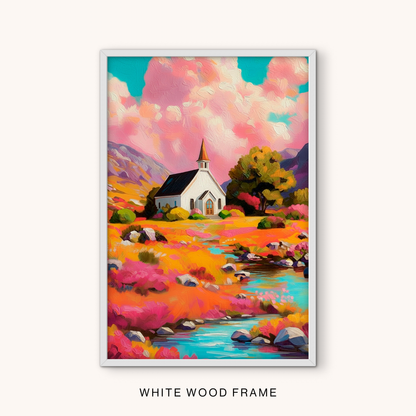 Colorful countryside church wall art in white frame featuring vibrant wildflowers, mountain views, pink clouds, and a winding stream.