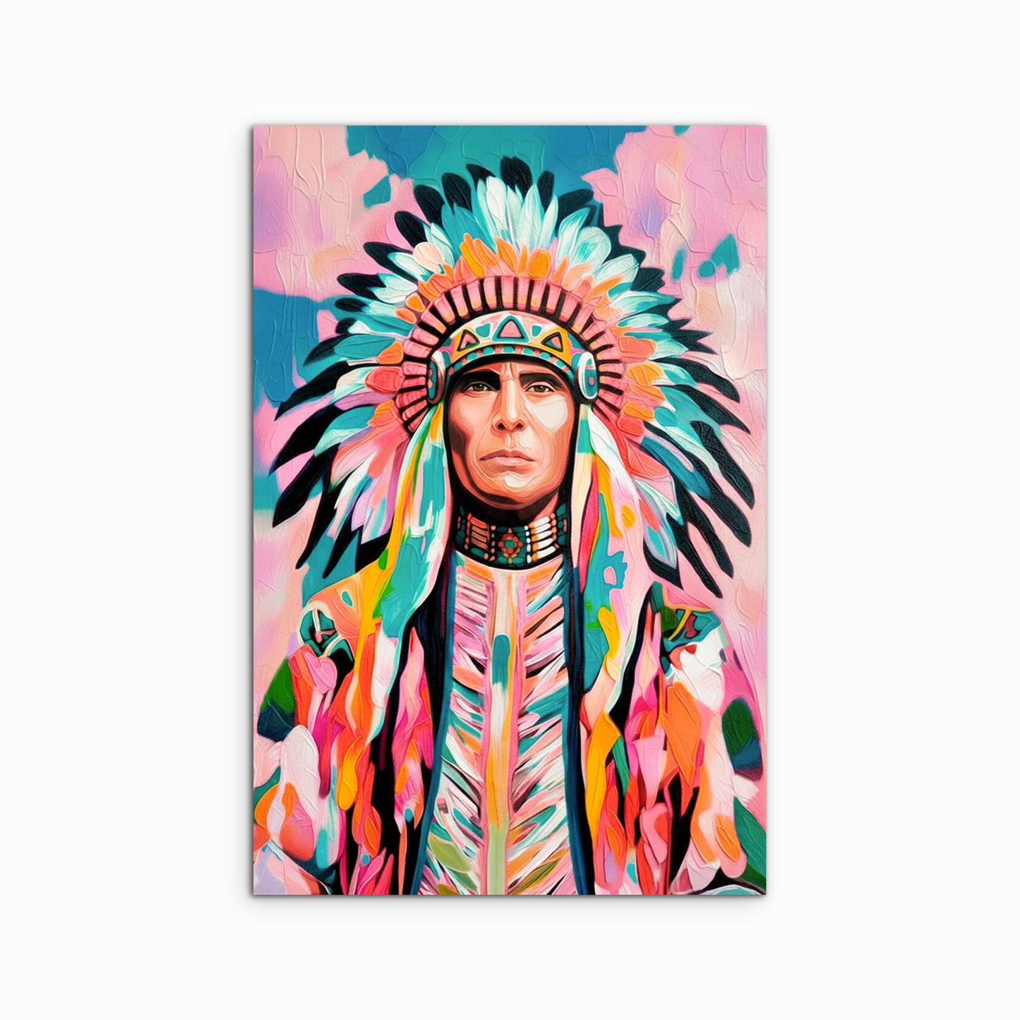 Colorful Native American chief portrait art print with feather headdress, bold modern western wall decor on fine art paper