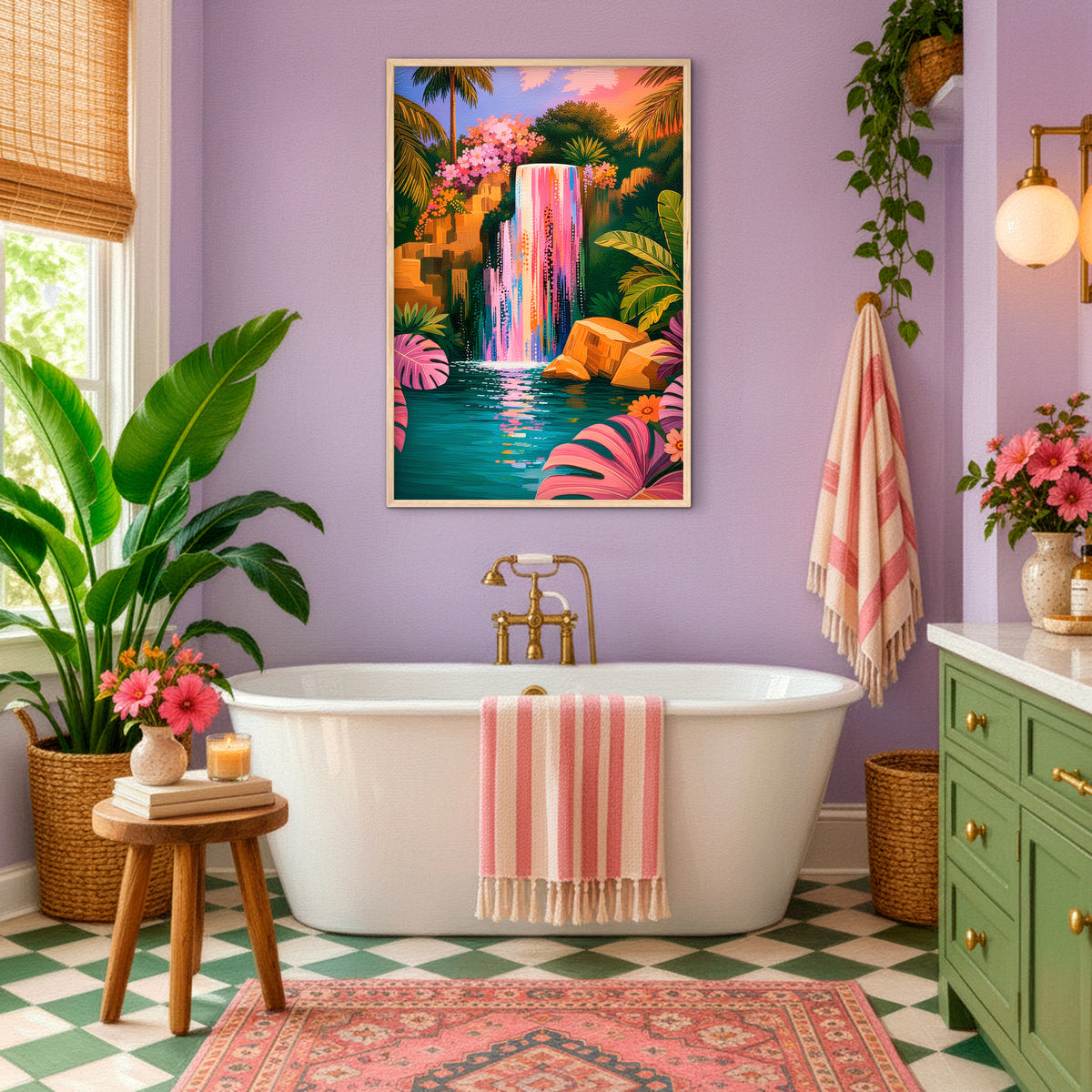 Vibrant jungle waterfall wall art displayed in a colorful living room with pink, green and eclectic decor