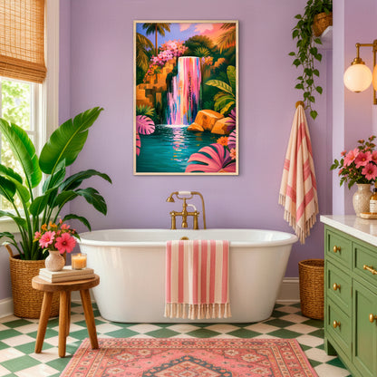 Vibrant jungle waterfall wall art displayed in a colorful living room with pink, green and eclectic decor