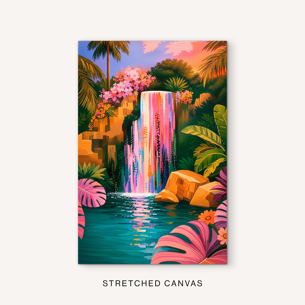 Vibrant tropical waterfall canvas art with colorful flowers, palms and lush jungle scenery