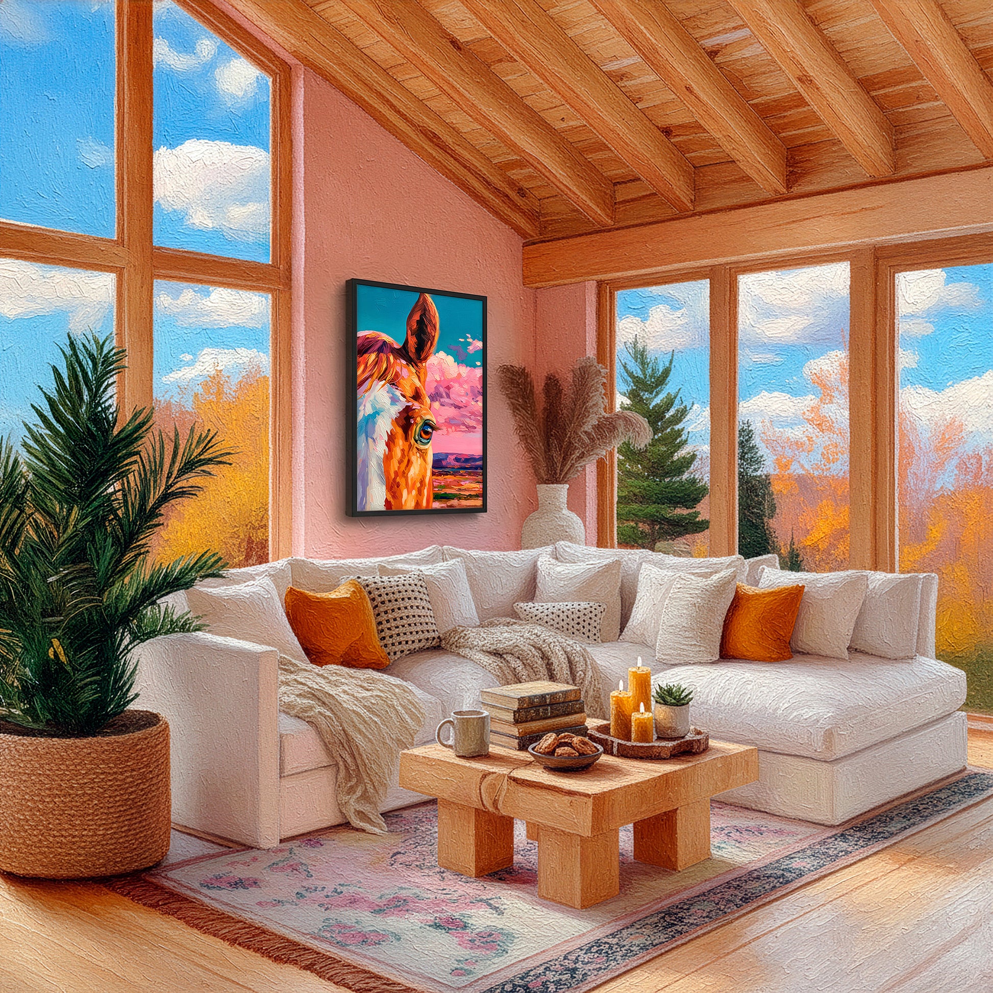 Western horse wall art in cozy modern living room