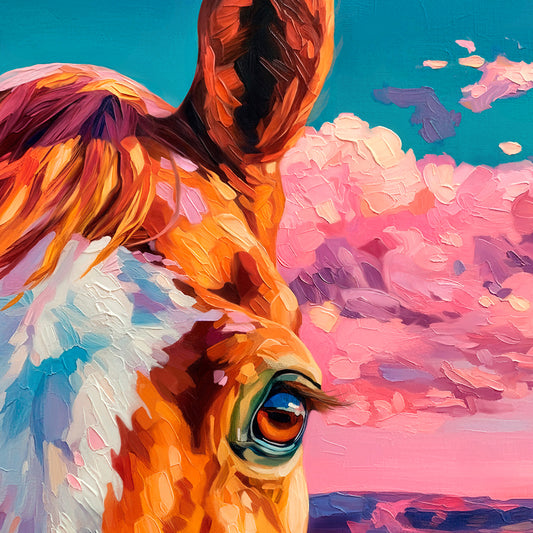 Colorful abstract painting of a horse's face with a vibrant background