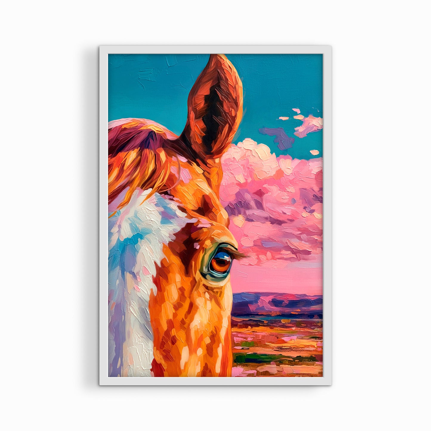 Western horse art print framed in white wood